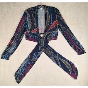 J Uptown Women's Large Abstract Print Tie-Front Long Sleeve Crop Top Open Vtg